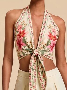 Floral Halter Tie-Front Crop Top in Cream and Pink